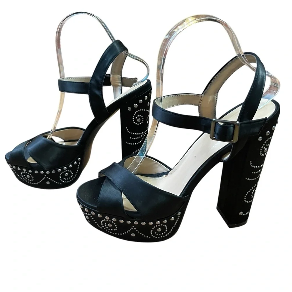 Chic Black Satin Platform Heel Sandals with Silver Studded‎ Accents Ankle strap